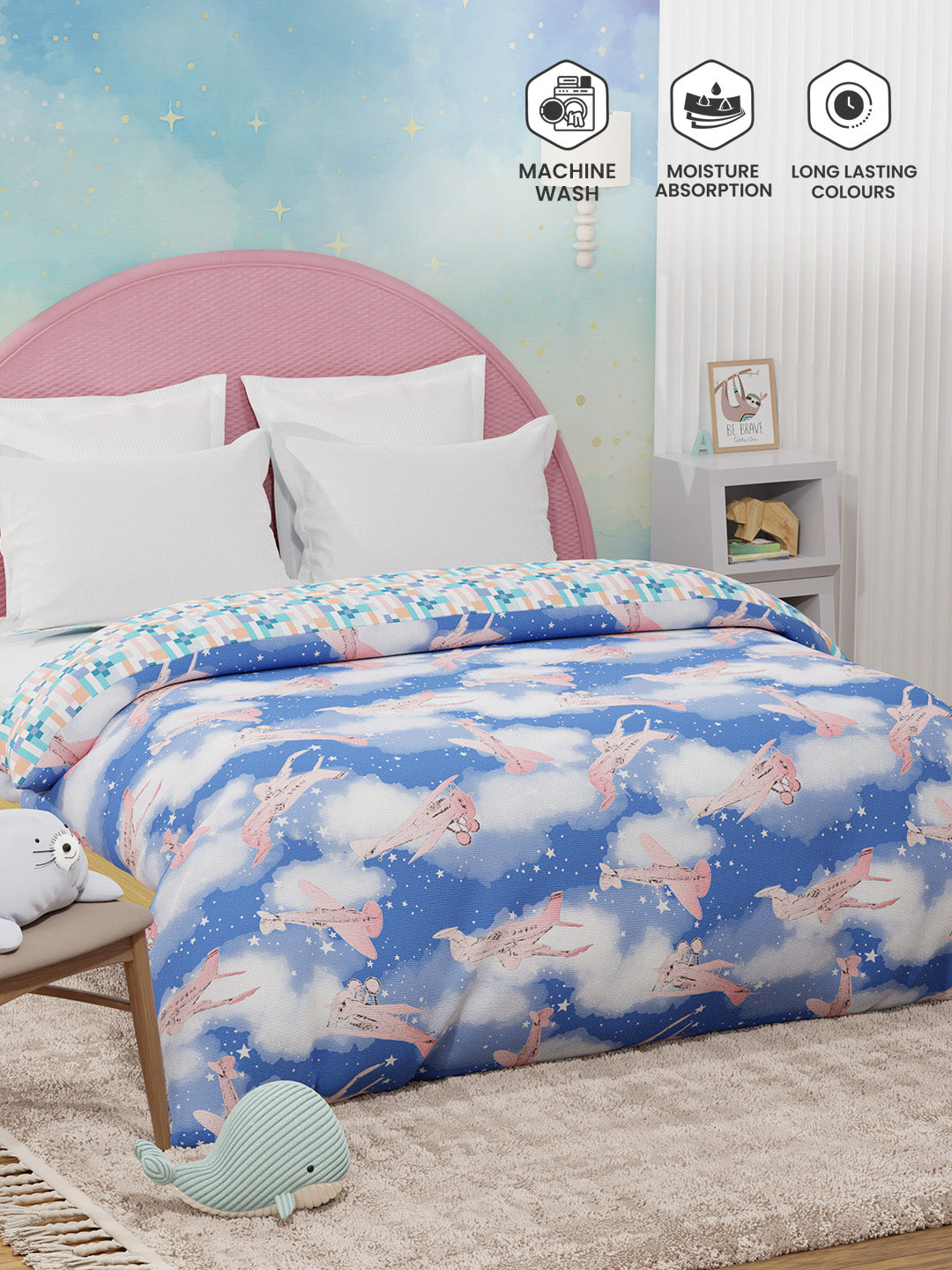 100% Cotton Blue Reversible Double Comforter For Kids, 200 TC Airplane Print, Rock N Room Collection