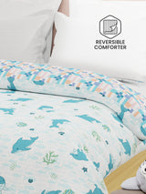 100% Cotton Blue & White Reversible Double Comforter For Kids, 200 TC Dolphin Print, Rock N Room Collection