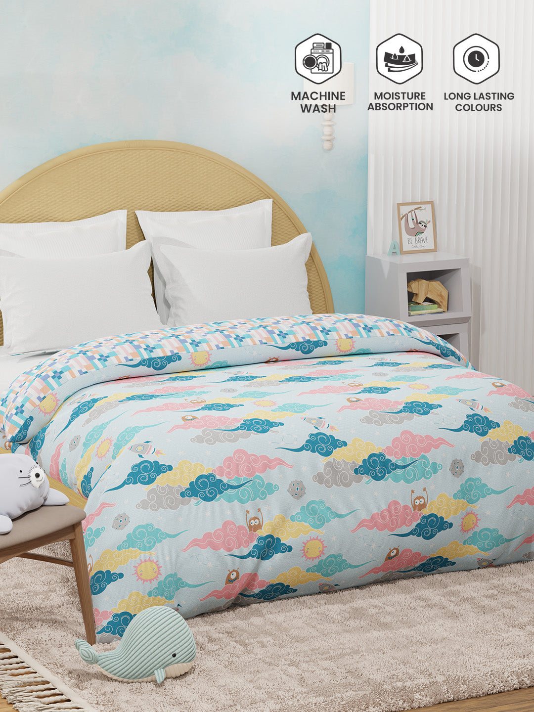 100% Cotton Blue Reversible Double Comforter For Kids, 200 TC Space & Rocket Print, Rock N Room Collection
