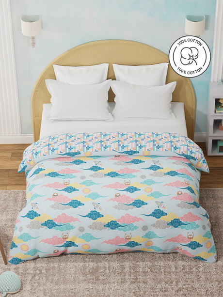 100% Cotton Blue Reversible Double Comforter For Kids, 200 TC Space & Rocket Print, Rock N Room Collection