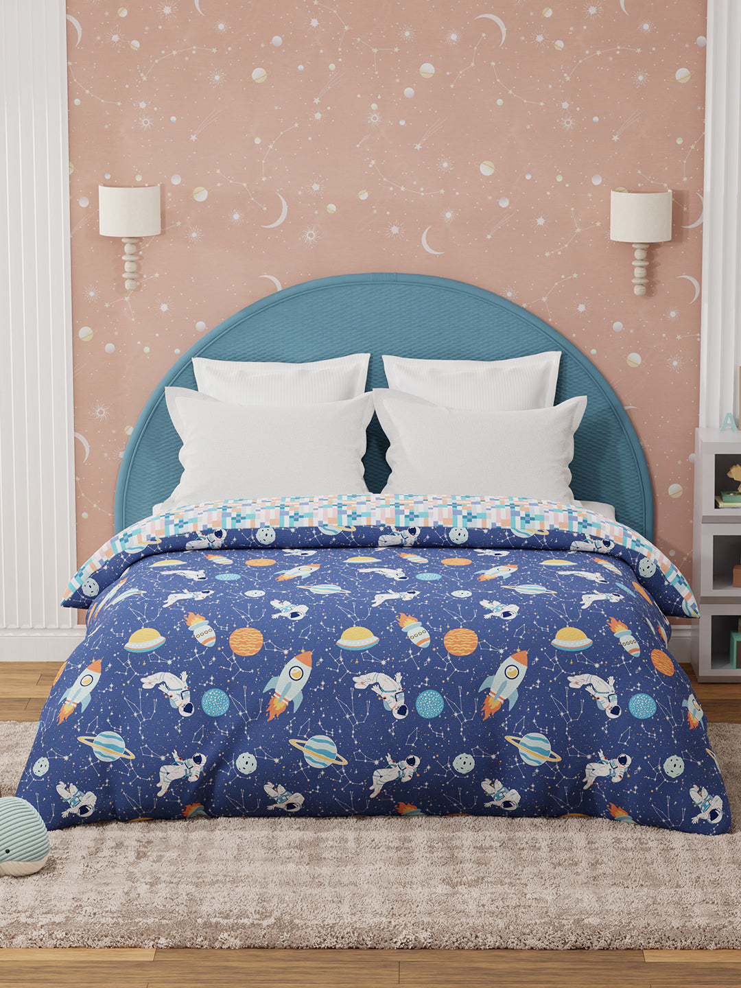 100% Cotton Dark Blue Reversible Double Comforter For Kids, 200 TC Space & Rocket Print, Rock N Room Collection