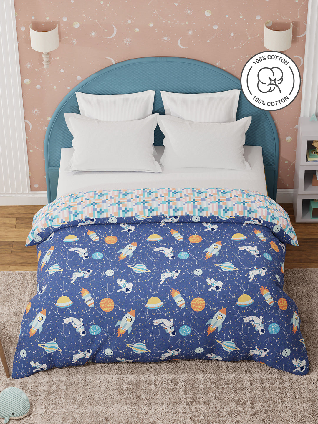 100% Cotton Dark Blue Reversible Double Comforter For Kids, 200 TC Space & Rocket Print, Rock N Room Collection