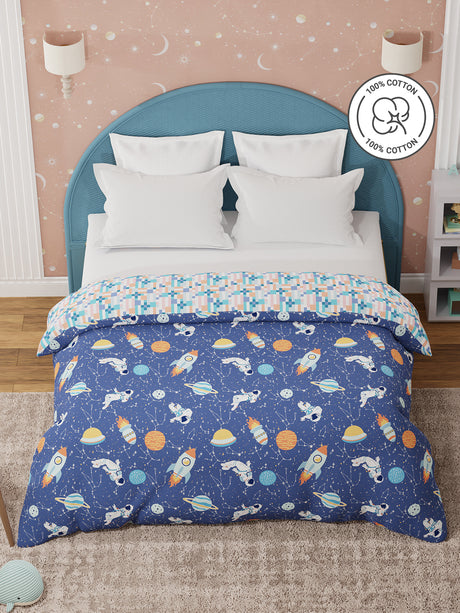 100% Cotton Dark Blue Reversible Double Comforter For Kids, 200 TC Space & Rocket Print, Rock N Room Collection