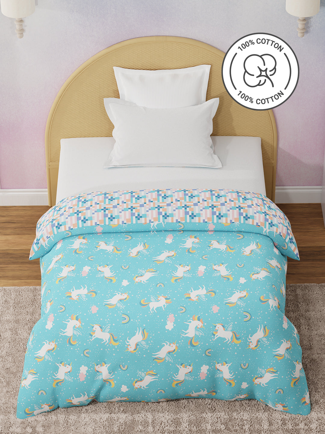 100% Cotton Blue Reversible Single Comforter For Kids, 200 TC Unicorn Print , Rock N Room Collection