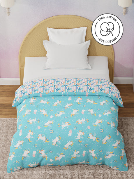 100% Cotton Blue Reversible Single Comforter For Kids, 200 TC Unicorn Print , Rock N Room Collection