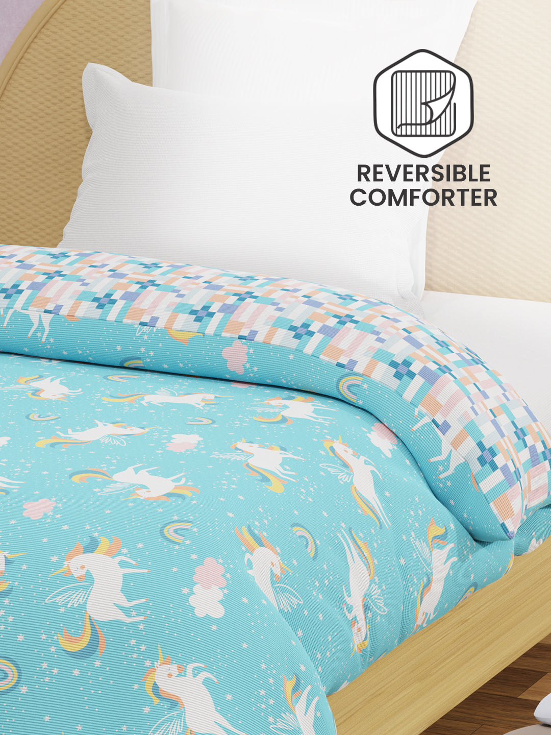 100% Cotton Blue Reversible Single Comforter For Kids, 200 TC Unicorn Print , Rock N Room Collection