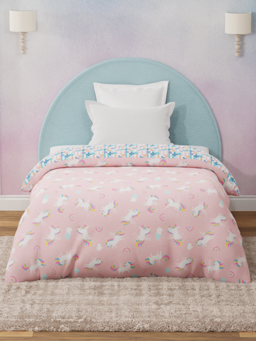 100% Cotton Pink Reversible Single Comforter For Kids, 200 TC Unicorn Print, Rock N Room Collection