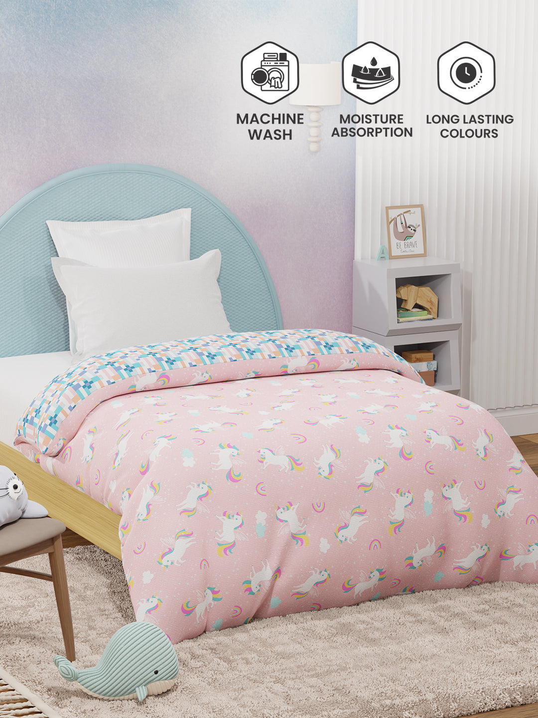 100% Cotton Pink Reversible Single Comforter For Kids, 200 TC Unicorn Print, Rock N Room Collection