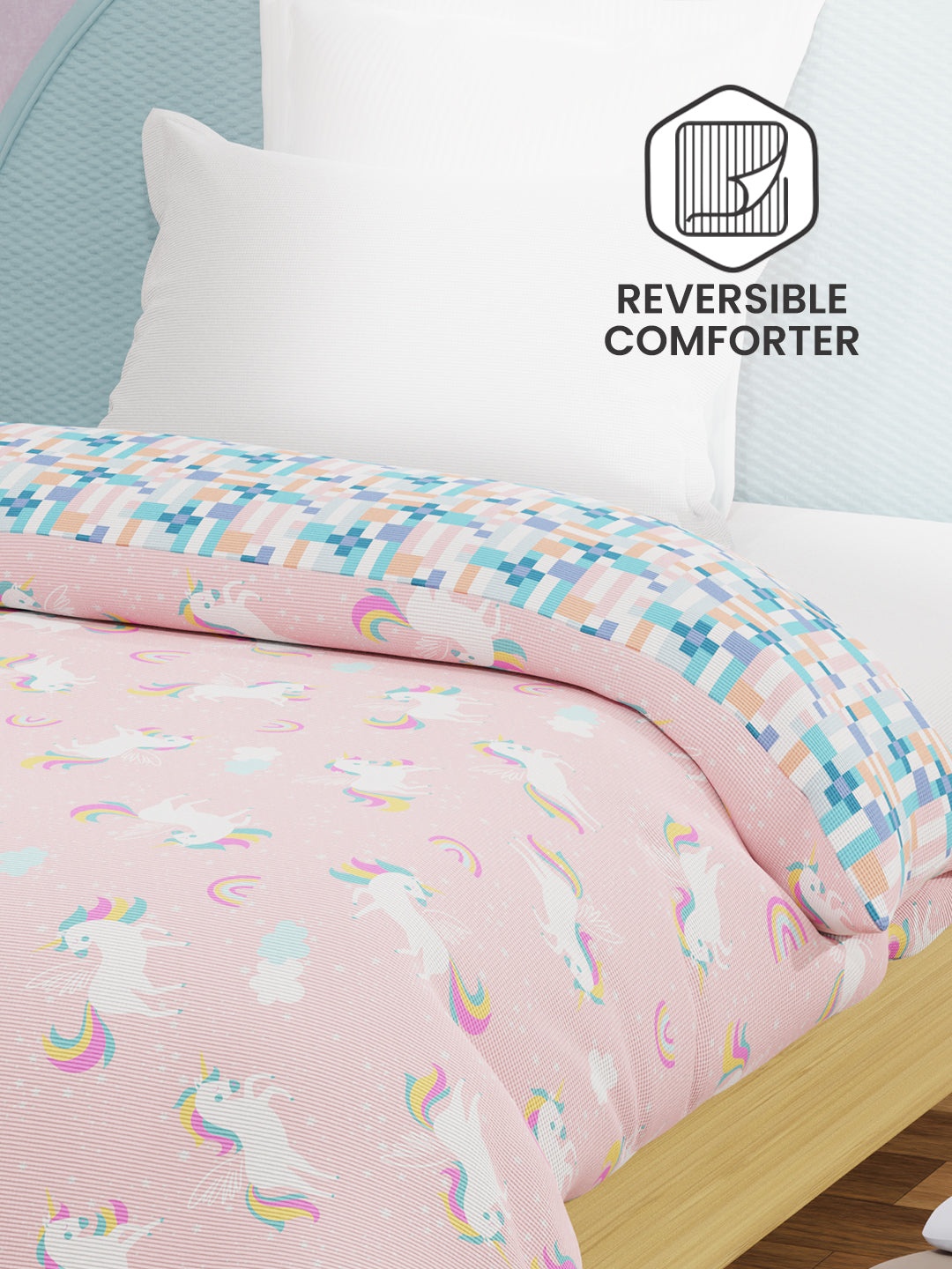 100% Cotton Pink Reversible Single Comforter For Kids, 200 TC Unicorn Print, Rock N Room Collection