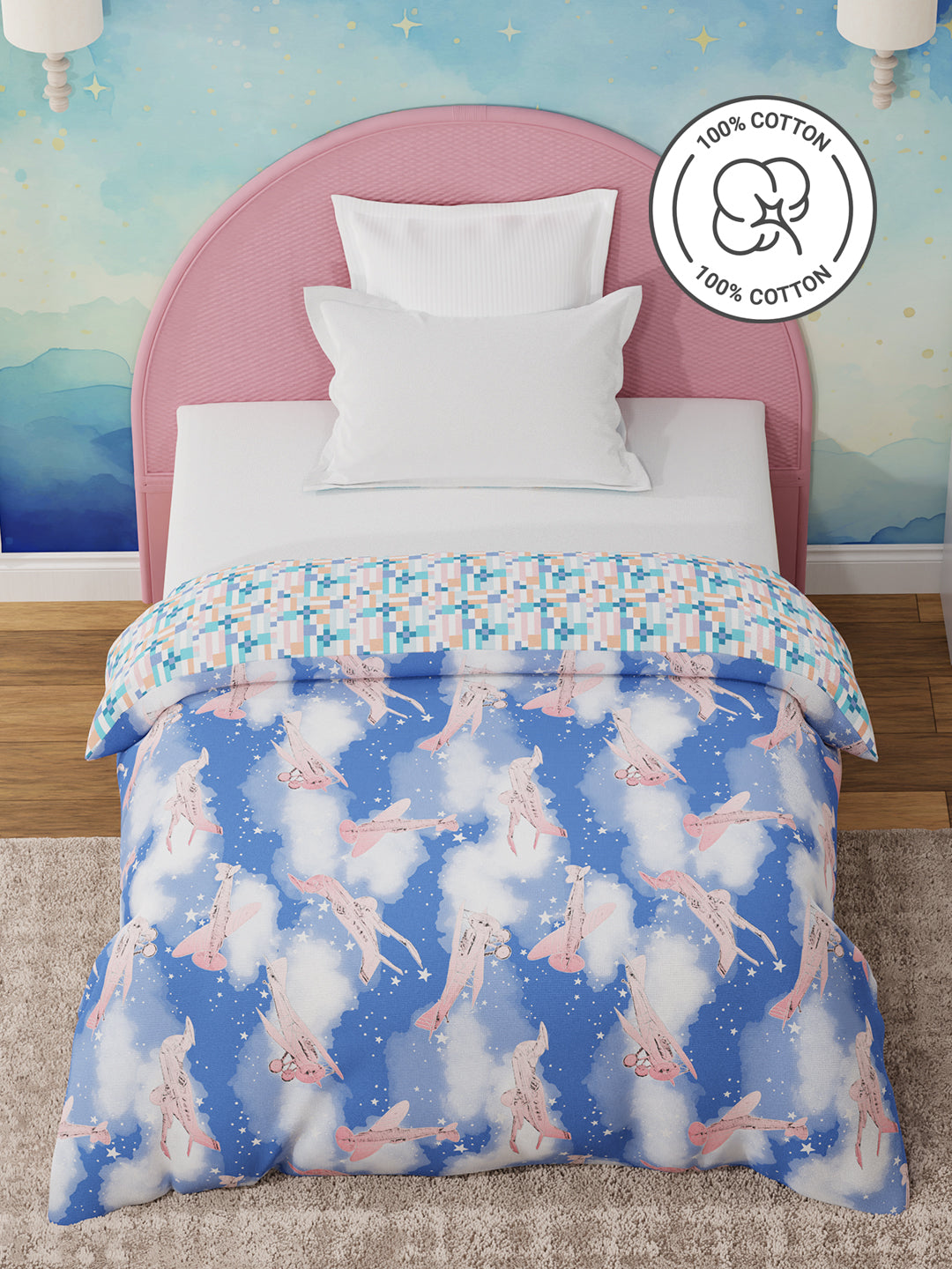 100% Cotton Blue Reversible Single Comforter For Kids, 200 TC Airplane Print, Rock N Room Collection