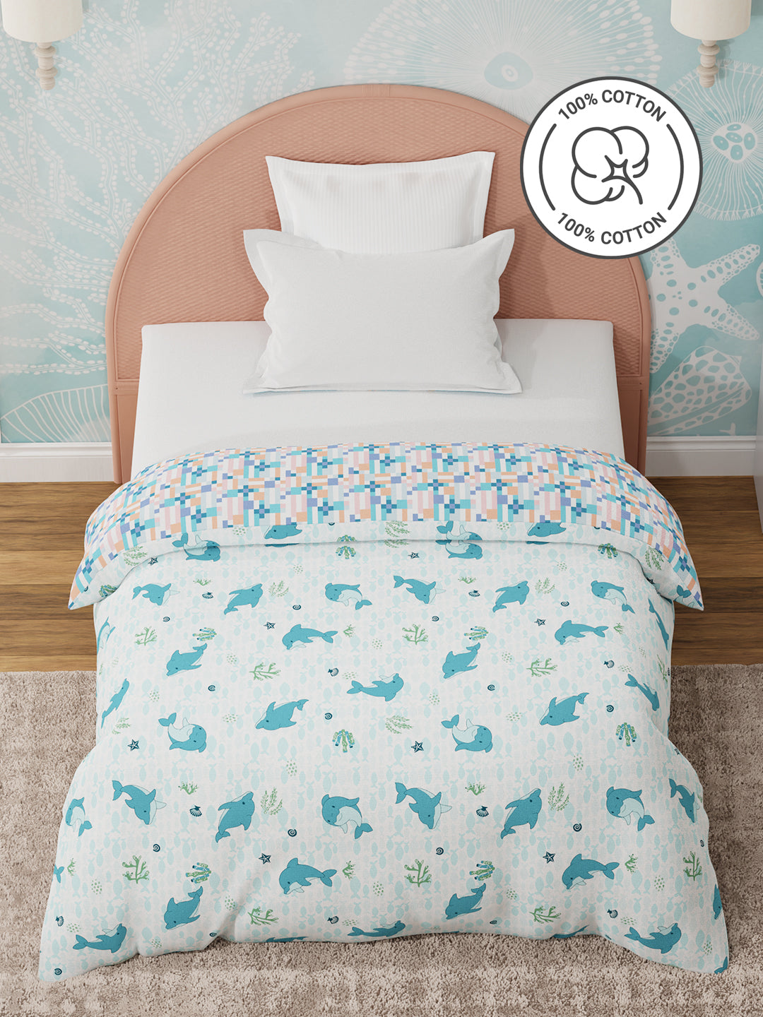 100% Cotton Blue & White Reversible Single Comforter For Kids, 200 TC Dolphin Print, Rock N Room Collection