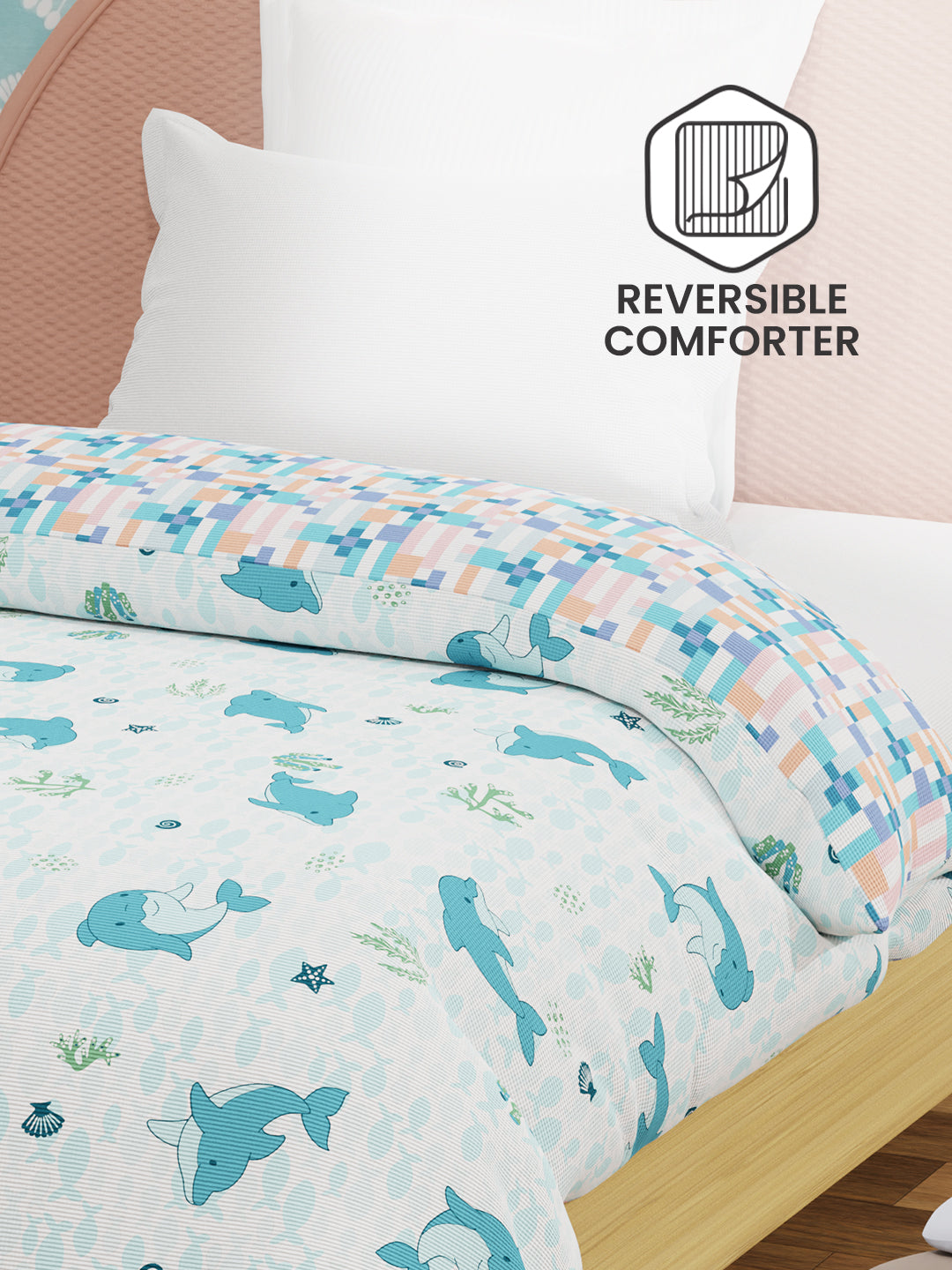 100% Cotton Blue & White Reversible Single Comforter For Kids, 200 TC Dolphin Print, Rock N Room Collection
