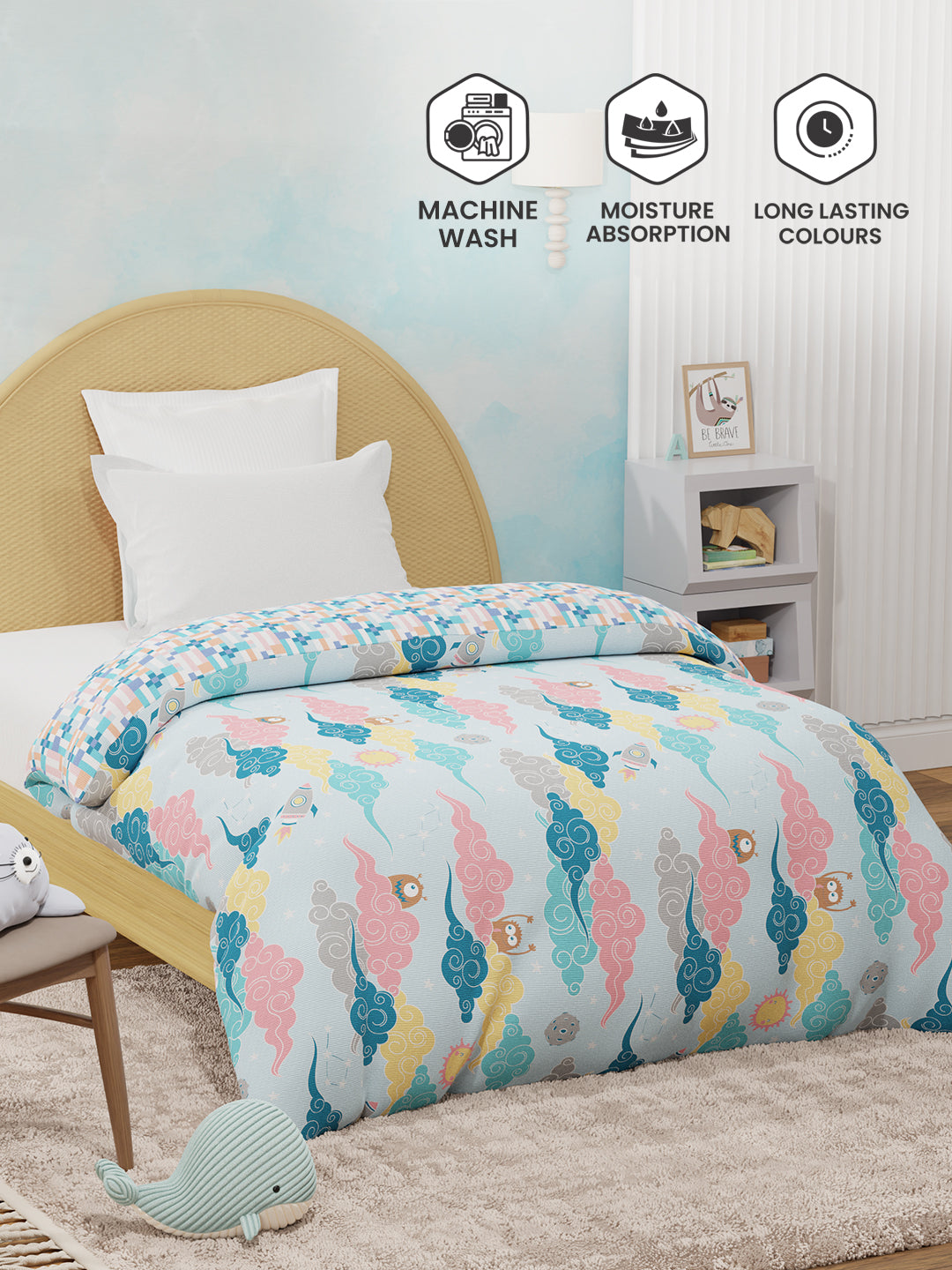 100% Cotton Blue Reversible Single Comforter For Kids, 200 TC Space & Rocket Print, Rock N Room Collection