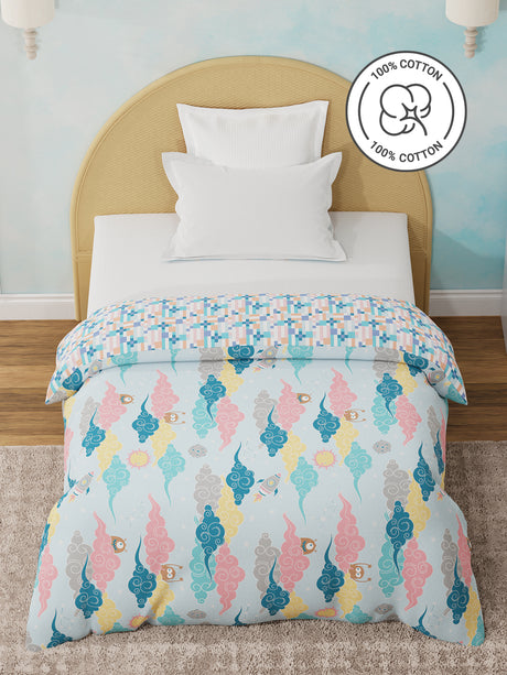 100% Cotton Blue Reversible Single Comforter For Kids, 200 TC Space & Rocket Print, Rock N Room Collection