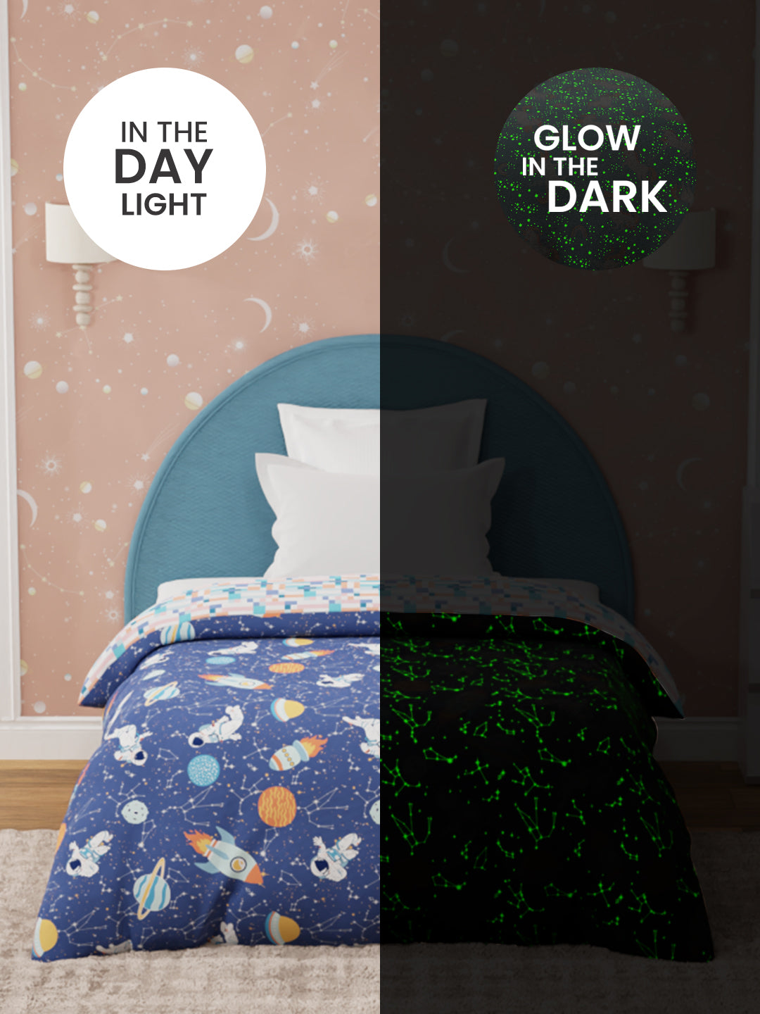 100% Cotton Dark Blue Reversible Single Comforter For Kids, 200 TC Space & Rocket Print, Rock N Room Collection