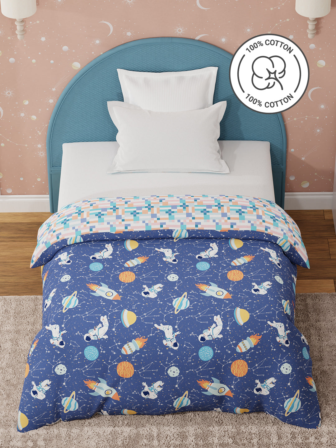 100% Cotton Dark Blue Reversible Single Comforter For Kids, 200 TC Space & Rocket Print, Rock N Room Collection