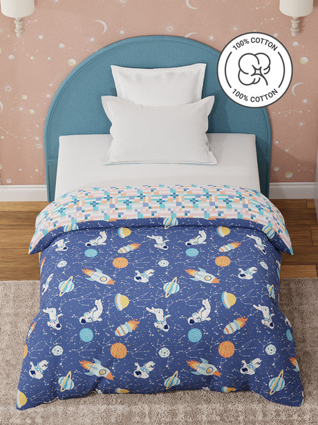 100% Cotton Dark Blue Reversible Single Comforter For Kids, 200 TC Space & Rocket Print, Rock N Room Collection