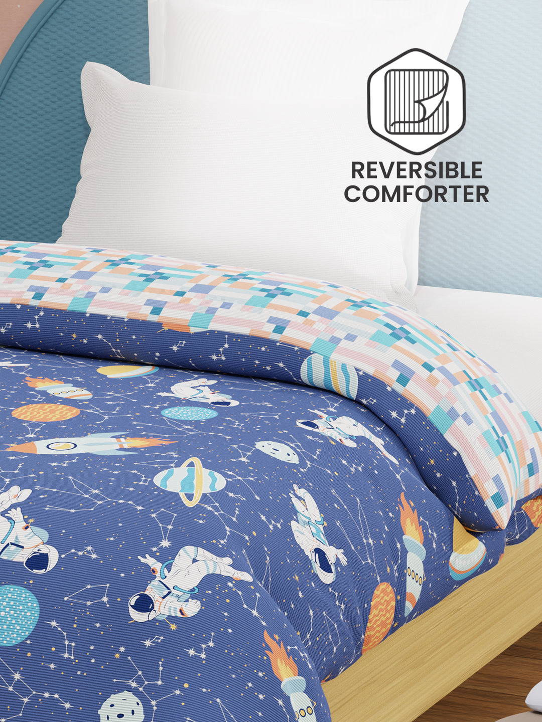 100% Cotton Dark Blue Reversible Single Comforter For Kids, 200 TC Space & Rocket Print, Rock N Room Collection