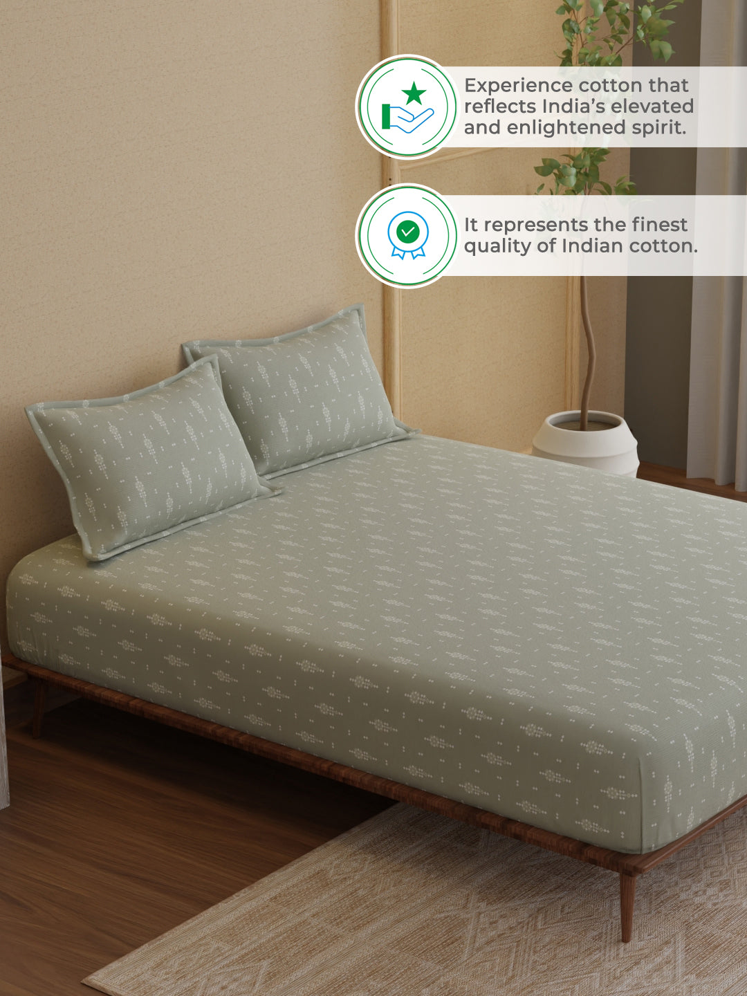 King Bedsheet Set, 100% Kasturi Cotton 200 TC, Grey Printed, Indo Musk