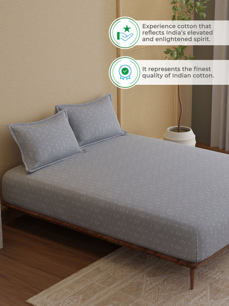 King Bedsheet Set, 100% Kasturi Cotton 200 TC, Grey Printed, Indo Musk