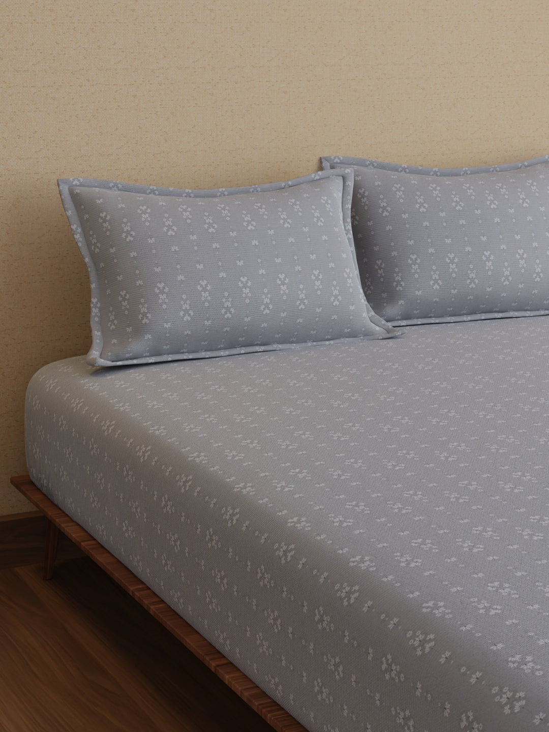 King Bedsheet Set, 100% Kasturi Cotton 200 TC, Grey Printed, Indo Musk