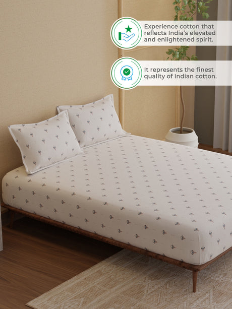 King Bedsheet Set, 100% Kasturi Cotton 200 TC, White Printed, Indo Musk