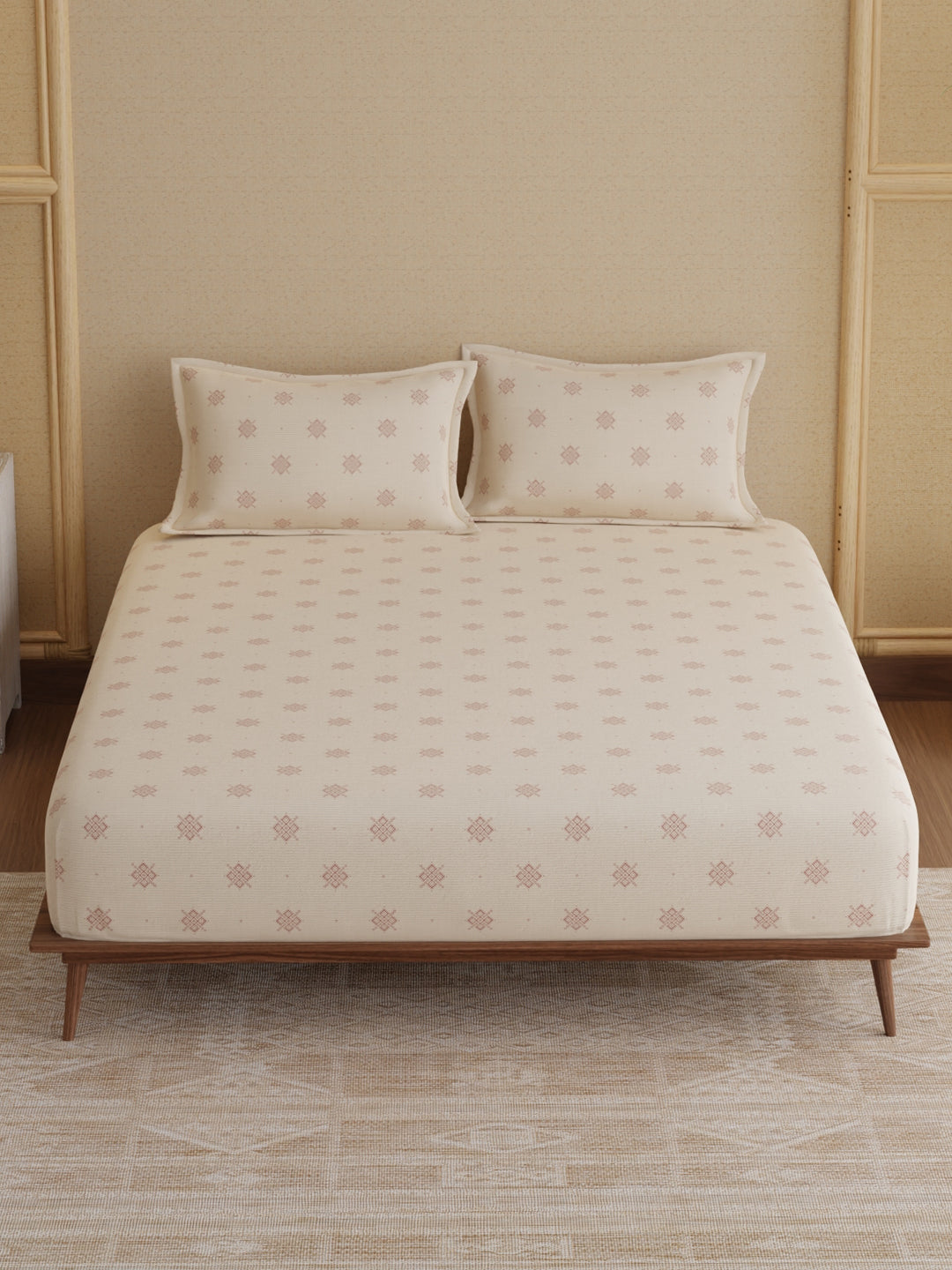 King Bedsheet Set, 100% Kasturi Cotton 200 TC, Cream Printed, Indo Musk