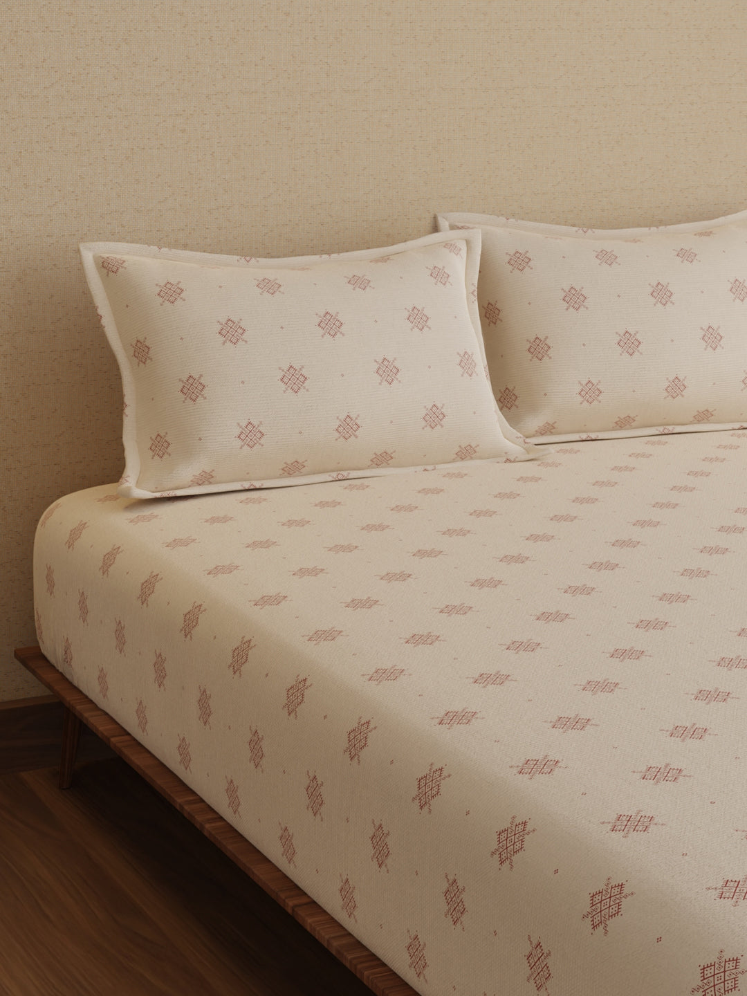 King Bedsheet Set, 100% Kasturi Cotton 200 TC, Cream Printed, Indo Musk