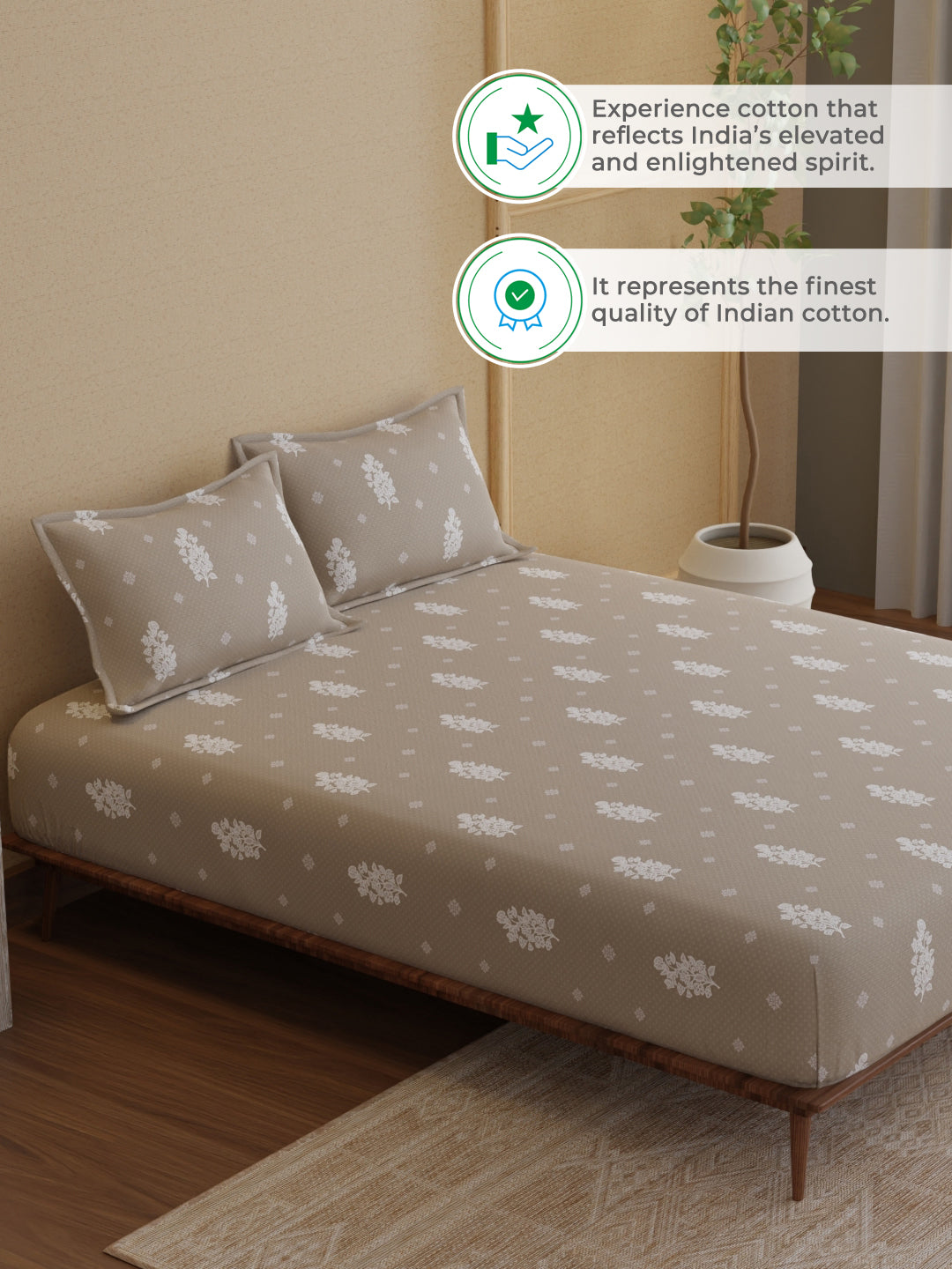 King Bedsheet Set, 100% Kasturi Cotton 200 TC, Grey Printed, Indo Musk