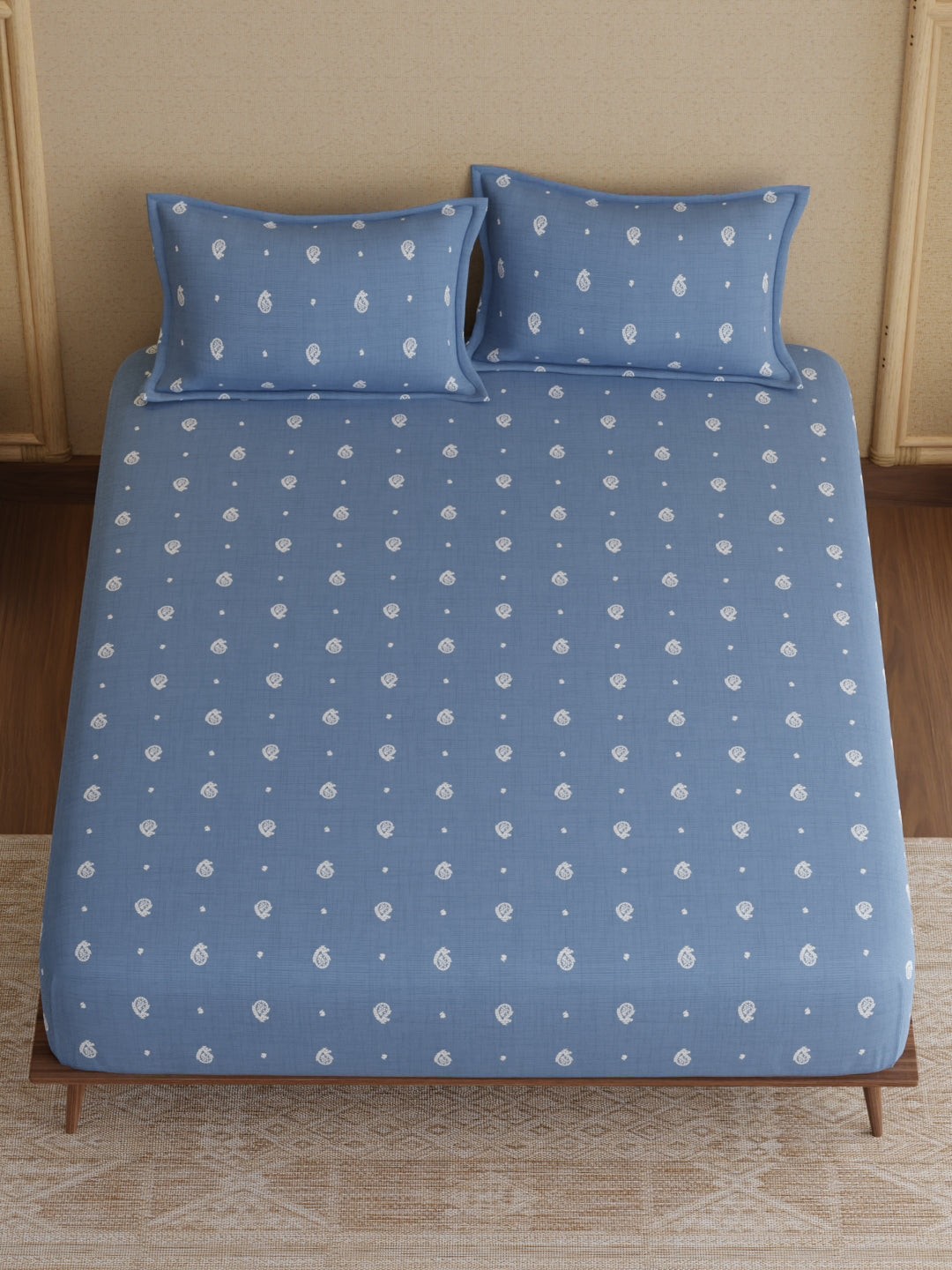 King Bedsheet Set, 100% Kasturi Cotton 200 TC, Blue Paisley Print, Indo Musk