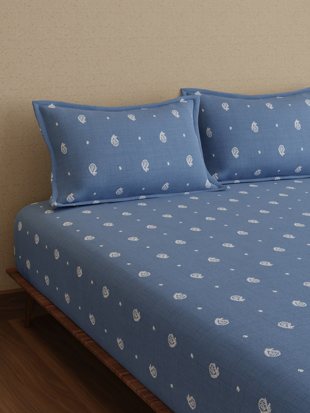 King Bedsheet Set, 100% Kasturi Cotton 200 TC, Blue Paisley Print, Indo Musk