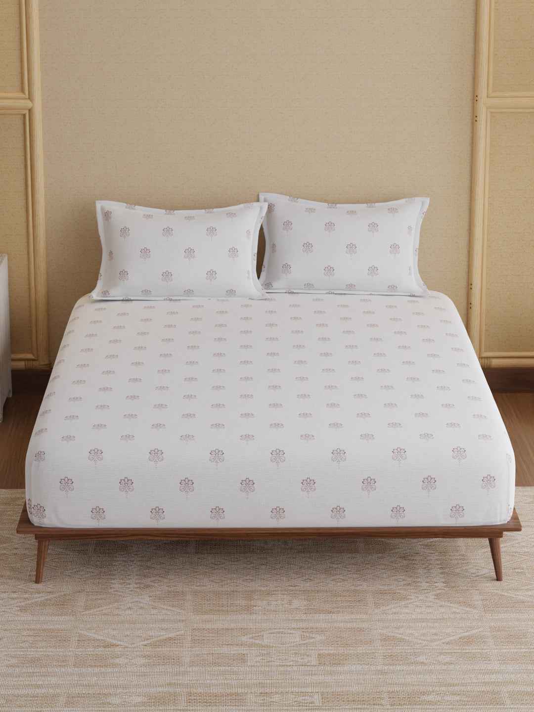 King Bedsheet Set, 100% Kasturi Cotton 200 TC, White Printed, Indo Musk