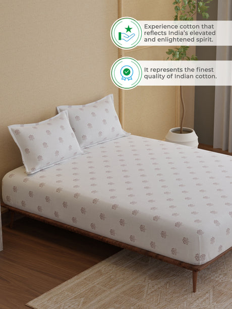 King Bedsheet Set, 100% Kasturi Cotton 200 TC, White Printed, Indo Musk