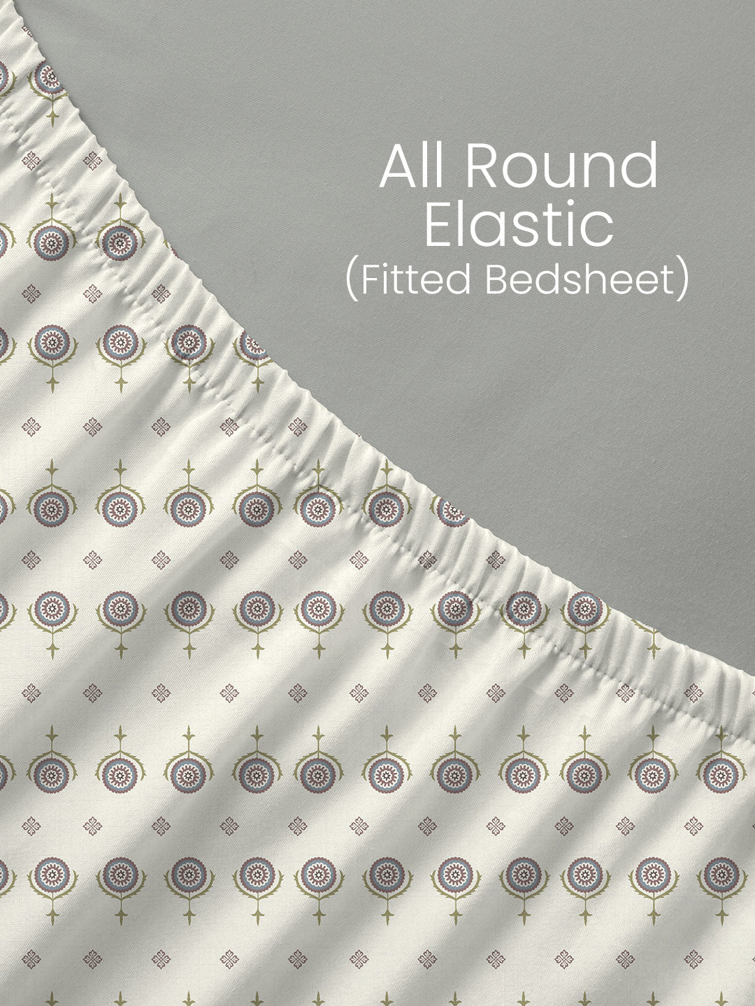 King Fitted Sheet Set, 100% Kasturi Cotton 200 TC, White Printed (78 L x 72 W + 13 H inches), Indo Musk