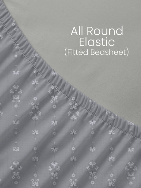 King Fitted Sheet Set, 100% Kasturi Cotton 200 TC, Grey Printed (78 L x 72 W + 13 H inches), Indo Musk