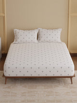 King Fitted Sheet Set, 100% Kasturi Cotton 200 TC, White Printed (78 L x 72 W + 13 H inches), Indo Musk