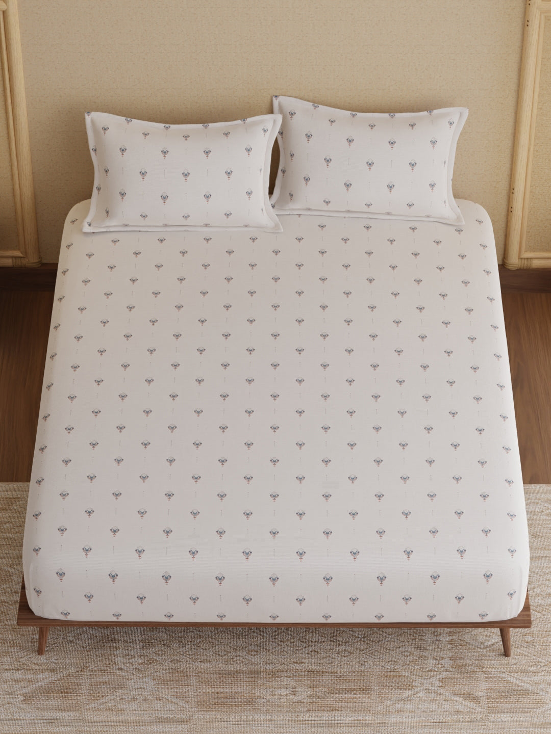 King Fitted Sheet Set, 100% Kasturi Cotton 200 TC, White Printed (78 L x 72 W + 13 H inches), Indo Musk