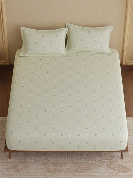 King Fitted Sheet Set, 100% Kasturi Cotton 200 TC, Grey Printed (78 L x 72 W + 13 H inches), Indo Musk