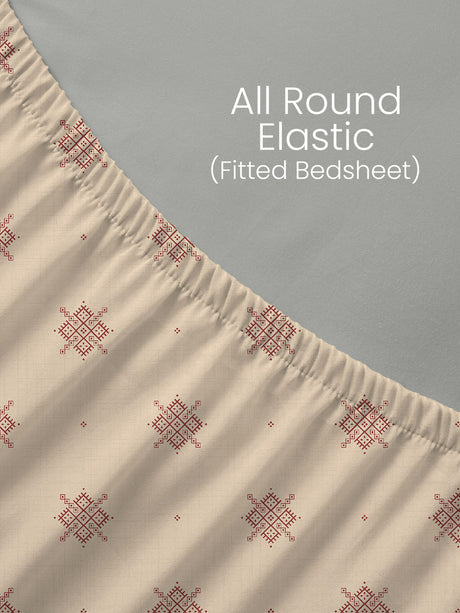 King Fitted Sheet Set, 100% Kasturi Cotton 200 TC, Cream Printed (78 L x 72 W + 13 H inches), Indo Musk