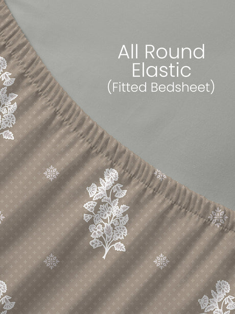 King Fitted Sheet Set, 100% Kasturi Cotton 200 TC, Grey Printed (78 L x 72 W + 13 H inches), Indo Musk