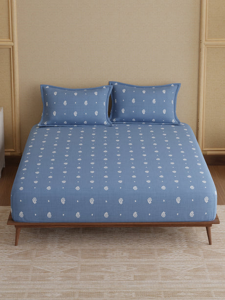 King Fitted Sheet Set, 100% Kasturi Cotton 200 TC, Blue Paisley Print (78 L x 72 W + 13 H inches), Indo Musk
