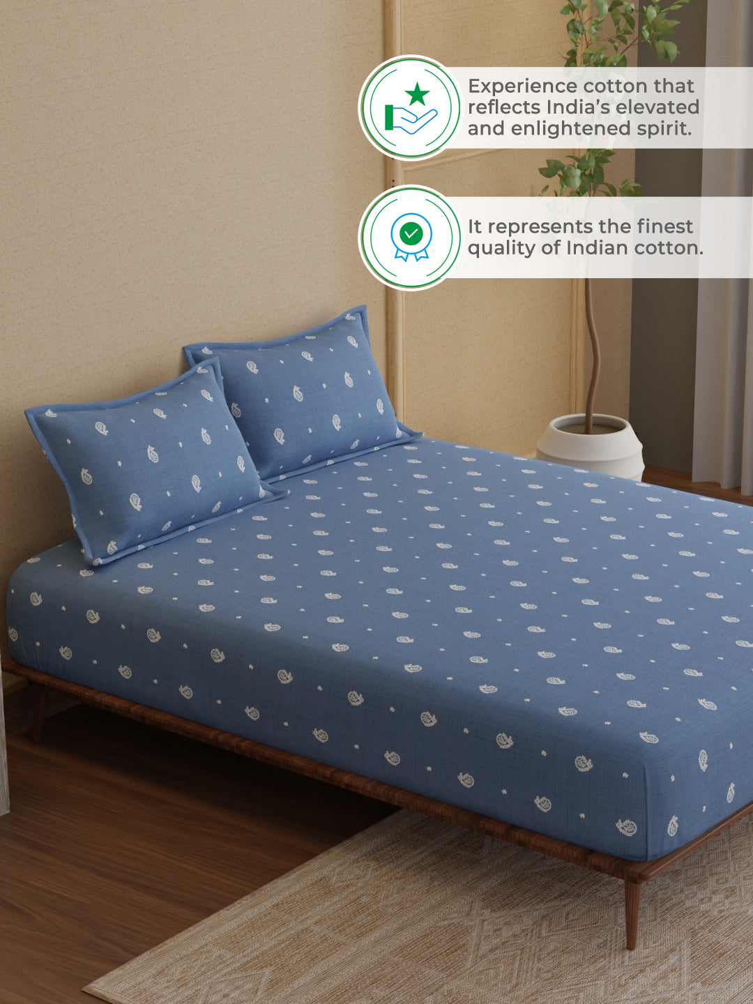 King Fitted Sheet Set, 100% Kasturi Cotton 200 TC, Blue Paisley Print (78 L x 72 W + 13 H inches), Indo Musk