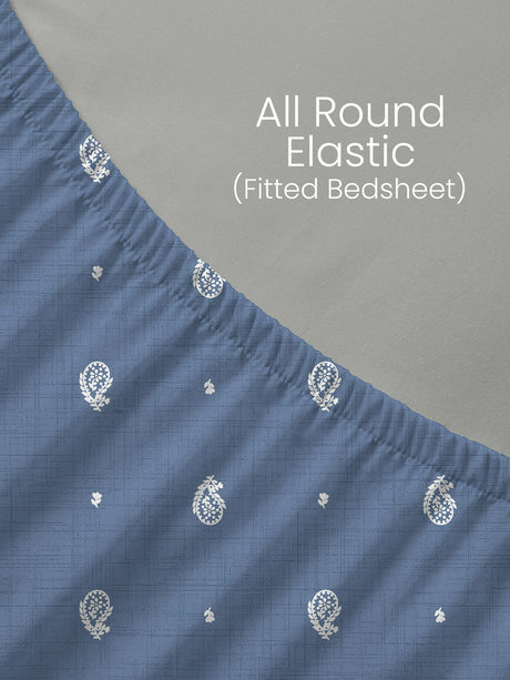 King Fitted Sheet Set, 100% Kasturi Cotton 200 TC, Blue Paisley Print (78 L x 72 W + 13 H inches), Indo Musk