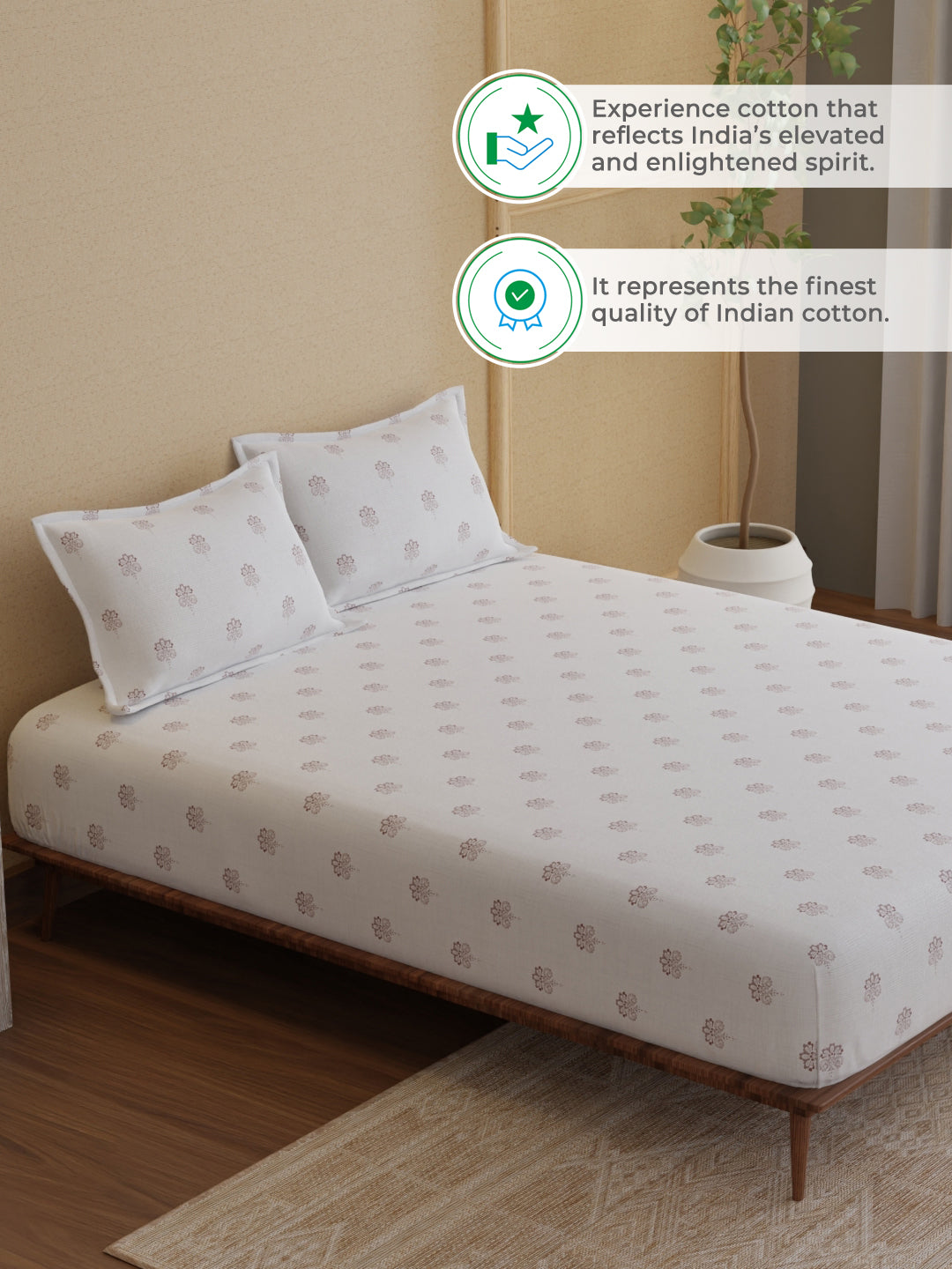 King Fitted Sheet Set, 100% Kasturi Cotton 200 TC, White Printed (78 L x 72 W + 13 H inches), Indo Musk