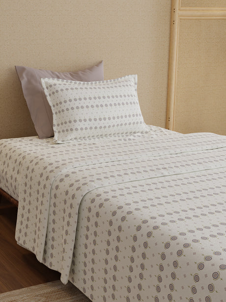 100% Kasturi Cotton 200 TC, White Printed Single Size Bedsheet with 1 Pillow Cover, Indo Musk Collection