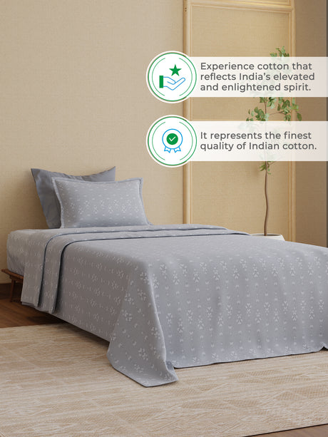 100% Kasturi Cotton 200 TC, Grey Printed Single Size Bedsheet with 1 Pillow Cover, Indo Musk Collection