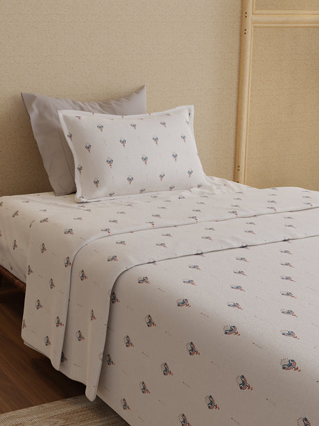 100% Kasturi Cotton 200 TC, White Printed Single Size Bedsheet with 1 Pillow Cover, Indo Musk Collection