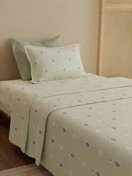 100% Kasturi Cotton 200 TC, Grey Printed Single Size Bedsheet with 1 Pillow Cover, Indo Musk Collection