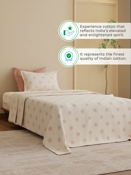 100% Kasturi Cotton 200 TC, Cream Printed Single Size Bedsheet with 1 Pillow Cover, Indo Musk Collection
