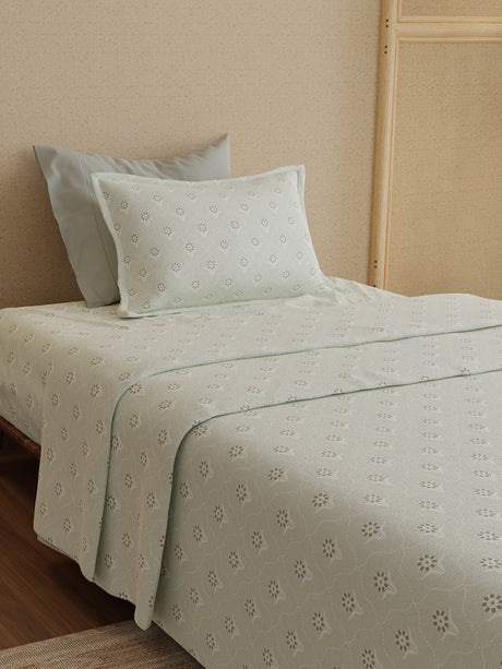 100% Kasturi Cotton 200 TC, Grey Printed Single Size Bedsheet with 1 Pillow Cover, Indo Musk Collection